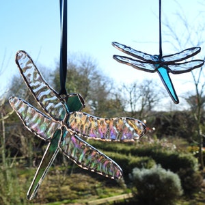 Stained Glass &#39;Dragonfly&#39; Sun Catcher. Large or Small,Glass Insect,Pond Life,Iridised Ripple Glass Wings,Unique,OOAK,Birthday,Spring Gift