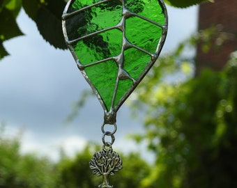 Stained Glass Sun Catcher Leaf with Oak Tree Charm,Quality Green Glass,Window Art,2" x 4.5",Glass Art, Easter, Spring, Birthday Gift