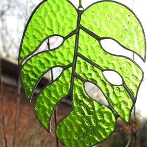 Monstera Leaf Stained Glass Sun Catcher, Quality Bright Green Streaky, Lime or Frosted Clear Glass, Exotic Tropical Decor, Cheeseplant Leaf