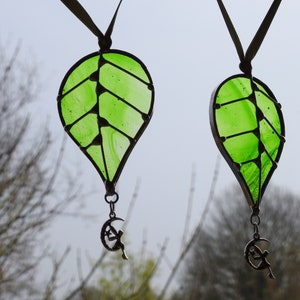 Stained Glass Leaf Suncatcher: Fairy Moon Charm, Wispy Green Window Art