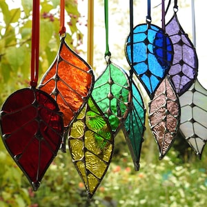 Stained Glass Leaf Sun Catchers 'Single Leaf', Many Colours, Five Styles + Gift Bags.Birthday or Christmas Gift,Home Decor,Woodland Theme.