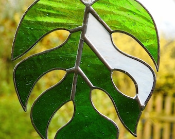 Monstera Leaf- Stained Glass Suncatcher, Quality Bright Green & White Wispy Glass, Exotic Jungle Tropical Decor, Cheeseplant Leaf