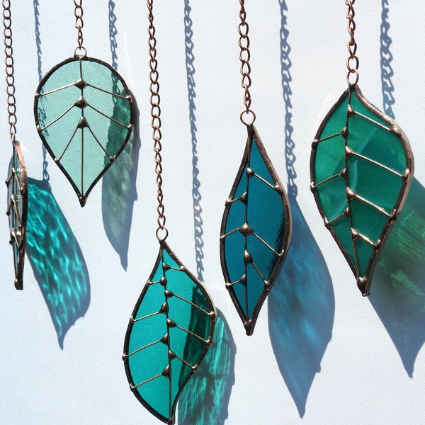 Sun Catcher Glass Leaves 'Leaves in Teal' Copper Finish, Hanging Glass Art Mobile. Real Hazel wood. Spring,Birthday Gift 10"x 18"