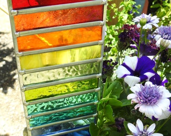 Rainbow Stained Glass Garden Suncatcher: Textured Leaded Panel, 15" High