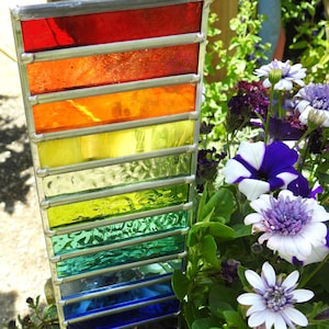 Stained Glass Panel,Garden Suncatcher 'Rainbow Stripes' Top Quality Mixed Textured Glass,15" High,Hand Made Leaded Panel,Sensory Garden