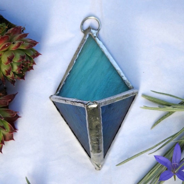 Glas geometrische muur planter, klein, 3 zijdig groen, blauw of wit & Teal gebrandschilderd glas, Airplants, vetplanten, cactussen, huis planten, verticale tuin