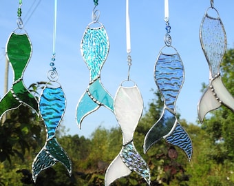 Stained Glass Mermaid Tail Suncatcher.Beautiful Iridised Glass.Teal,Blue,Pale or Deep Blue,Purple,Clear or White,Seaside,Sea Siren,Fantasy