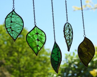 Sun Catcher Glass Leaves 'Spring Leaves' Copper Finish, Hanging Glass Art Mobile. Real Hazel wood. Easter,Birthday Gift 10"x 18"