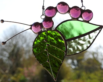 Stained Glass 'Caterpillar on Leaves' Sun Catcher.Hanging Window Art,Suncatcher, Pink Nuggets,Insect,Glass Art,Creepy Crawly,Teacher Gift