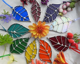 Stained Glass Leaf Sun Catcher 'Rainbow Set' ,Choose from 7 or 9 Leaves,Birthday or Christmas Gift,Home Decor,Woodland Theme,Five Styles