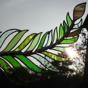 Stained Glass Leaf Suncatcher 'Large Fern Leaf', Mixed Green Glass,Copper Patina,Forest Decor,Birthday or Easter Gift,Woodland Theme