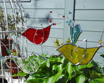 Stained Glass Bird Sun Catcher with Heart Tail,Flower Pot Stake,Plant Pot Art,Plant Stake,Summer,Birthday,Valentine,Mother's Day,Garden Gift