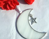 Stained Glass Moon with Star Charm,Sun Catcher,Wispy White Glass,Window Art, 3 quot x 3 quot , Easter- Birthday Gift,Rustic Home Decor,Luna
