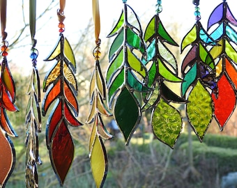 Stained Glass Feather Sun Catcher,Any Colour Mix,Bespoke Glass Art,Tribal,Fantasy,Memorial,Birthday Gift,OOAK,5" or 6" Length