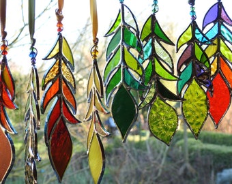 Stained Glass Feather Sun Catcher,Any Colour Mix,Bespoke Glass Art,Tribal,Fantasy,Memorial,Birthday Gift,OOAK,5" or 6" Length