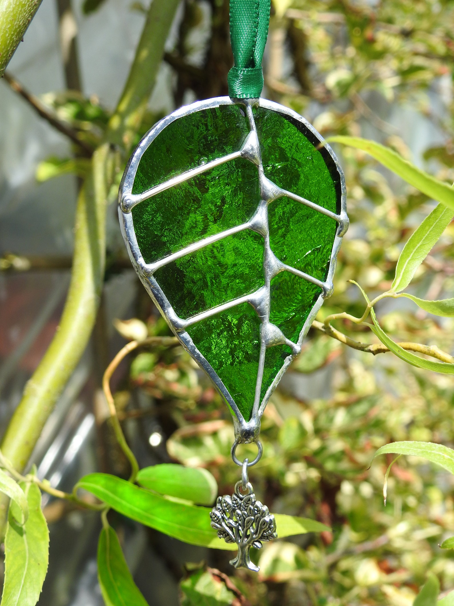 Stained Glass Sun Catcher Leaf With Oak Tree Charmquality Etsy