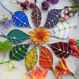 Stained Glass Leaf Sun Catchers 'Single Leaf', Many Colours, Five Styles Gift Bags.Birthday or Christmas Gift,Home Decor,Woodland Theme. Rainbow Set of 9