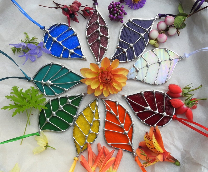 Stained Glass Leaf Sun Catchers 'Single Leaf', Many Colours, Five Styles Gift Bags.Birthday or Christmas Gift,Home Decor,Woodland Theme. Rainbow Set of 9