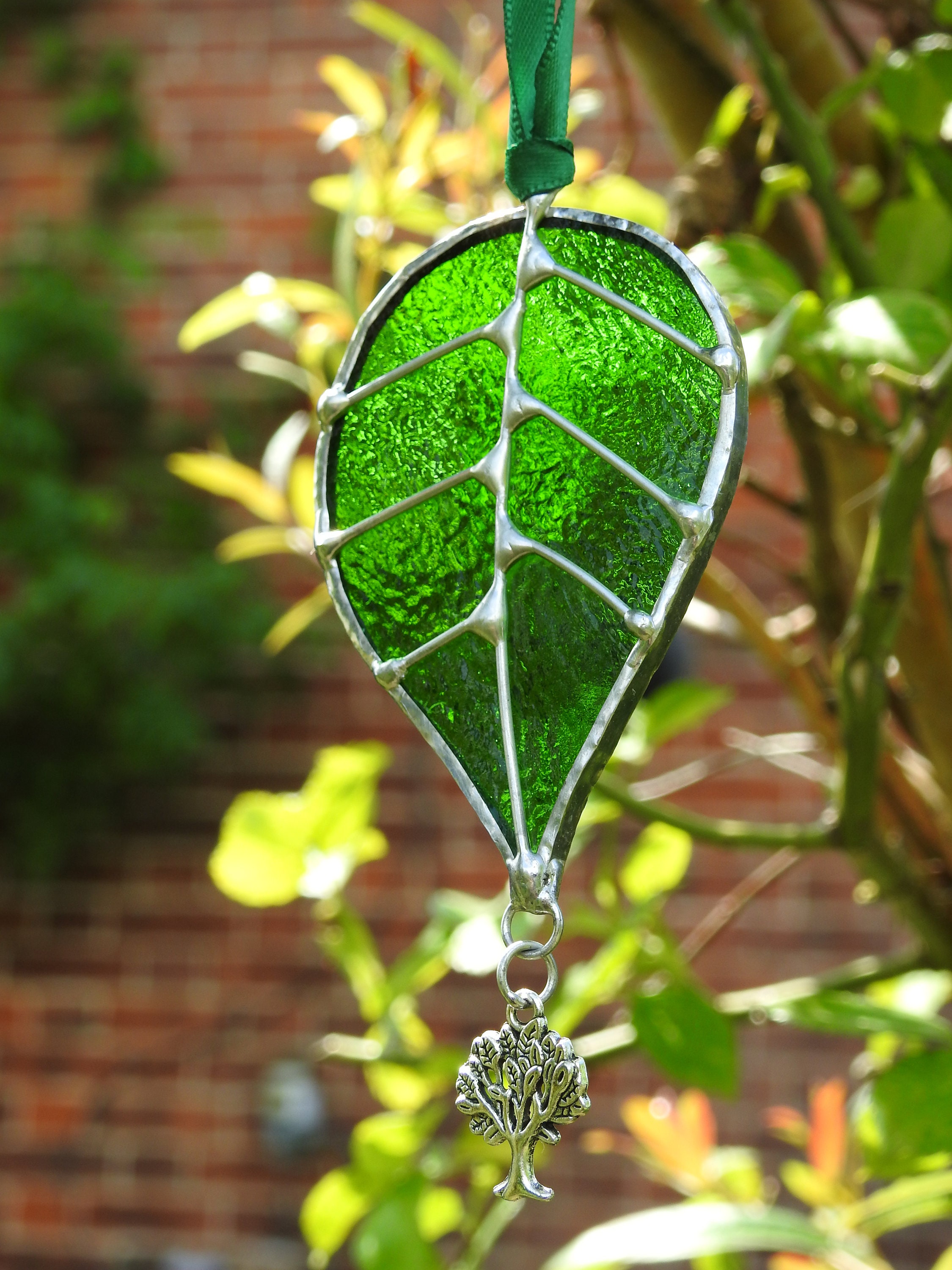 Stained Glass Sun Catcher Leaf With Oak Tree Charmquality Etsy UK
