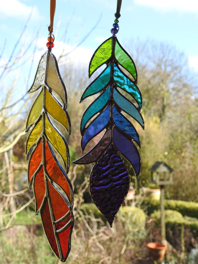 Stained Glass Feather Suncatcher,Any Colour Mix,Bespoke Glass Art,Native American,Tribal,Fantasy,Christmas,Birthday Gift,OOAK,7 to 10 image 10