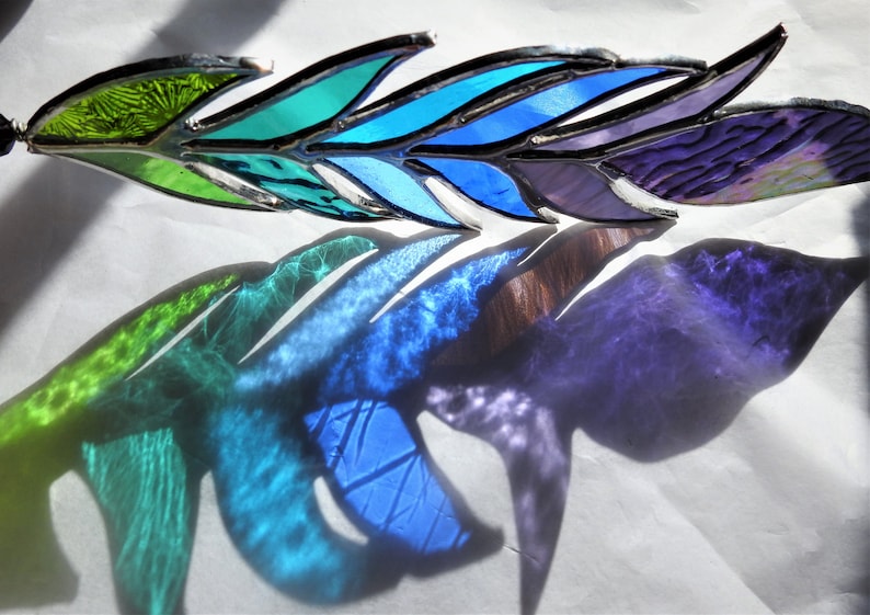 Stained Glass Feather Suncatcher,Any Colour Mix,Bespoke Glass Art,Native American,Tribal,Fantasy,Christmas,Birthday Gift,OOAK,7 to 10 image 7