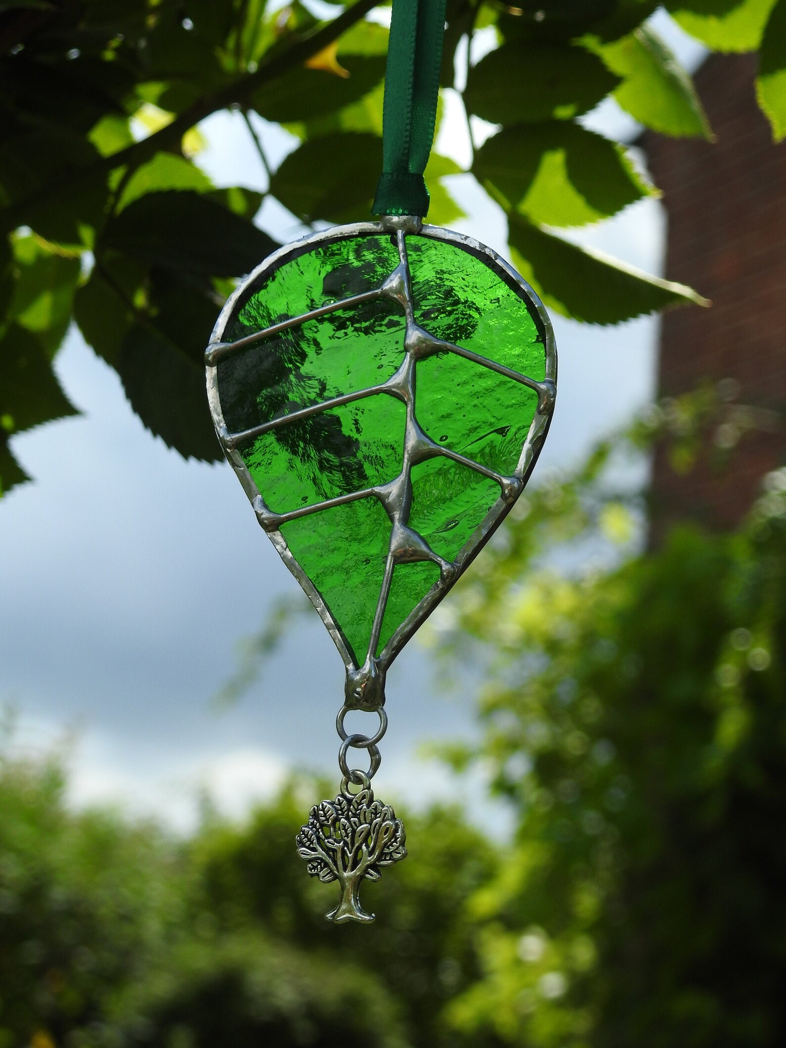 Stained Glass Sun Catcher Leaf With Oak Tree Charmquality Etsy