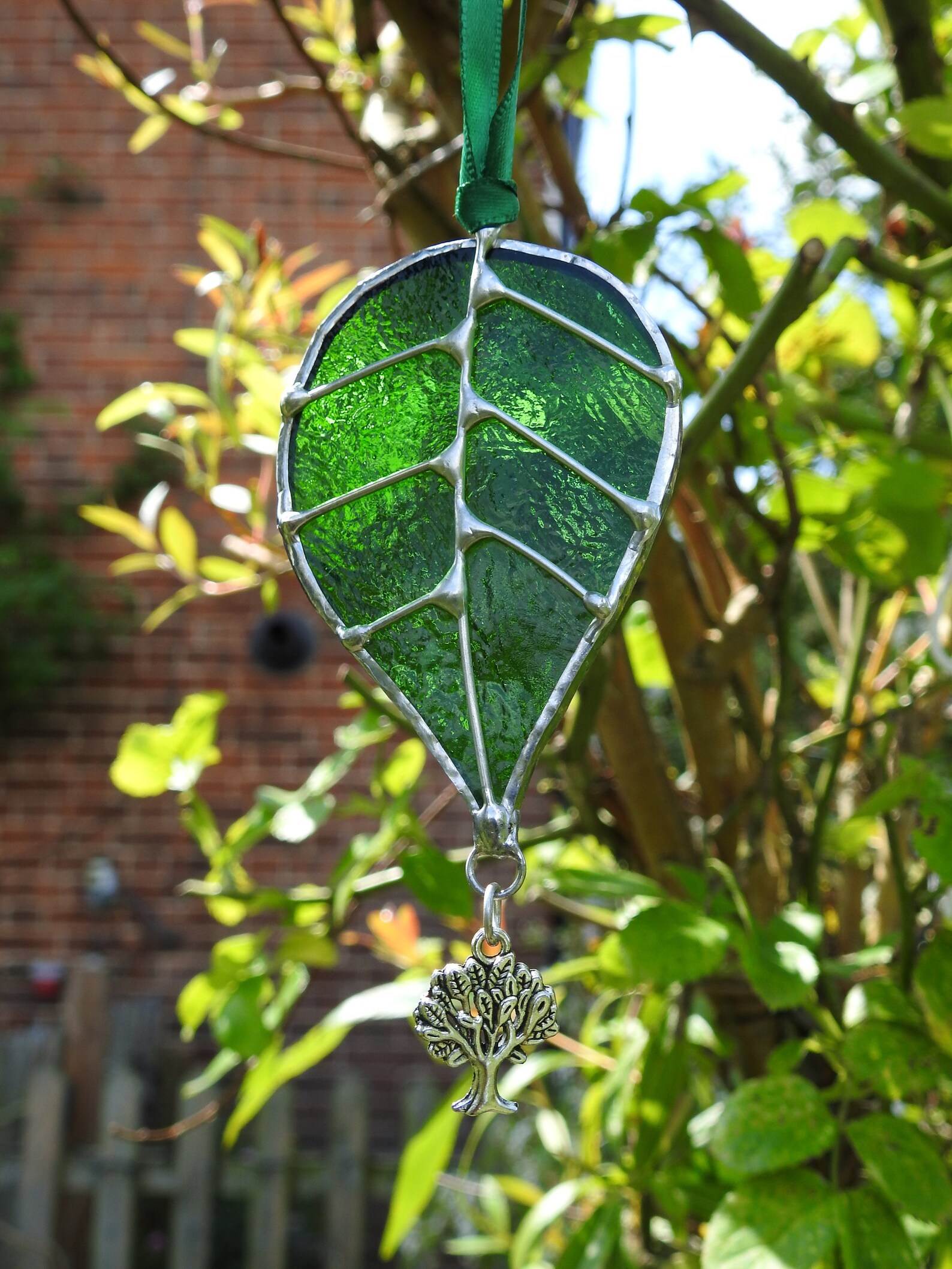Stained Glass Sun Catcher Leaf With Oak Tree Charmquality Etsy