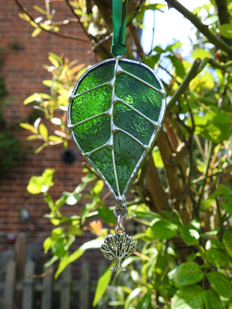 Stained Glass Sun Catcher Leaf With Oak Tree Charmquality Etsy