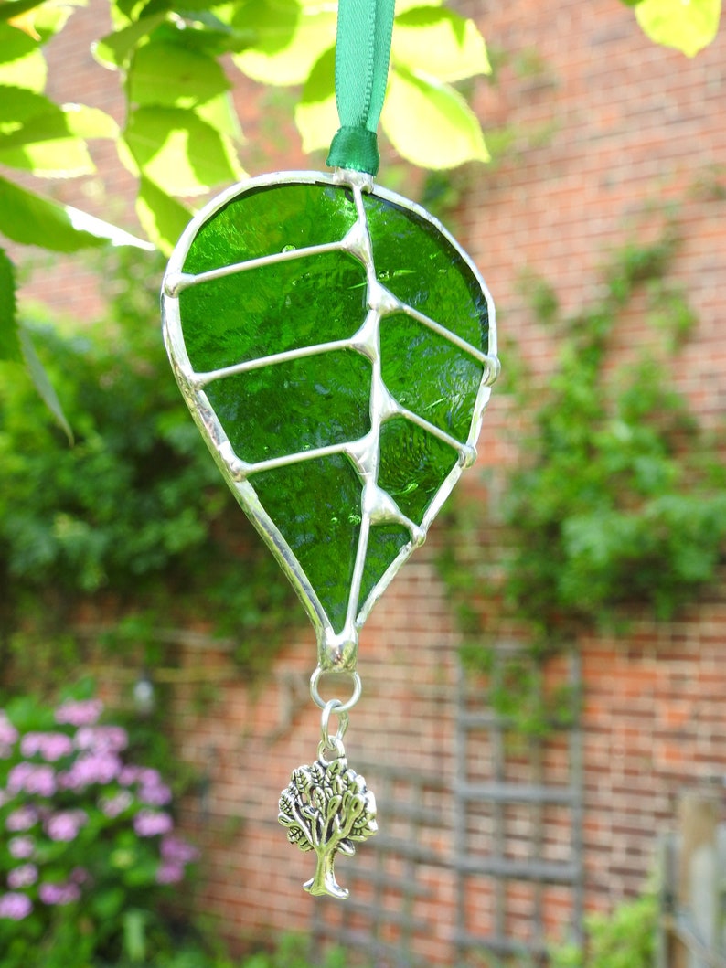 Stained Glass Sun Catcher Leaf With Oak Tree Charmquality Etsy
