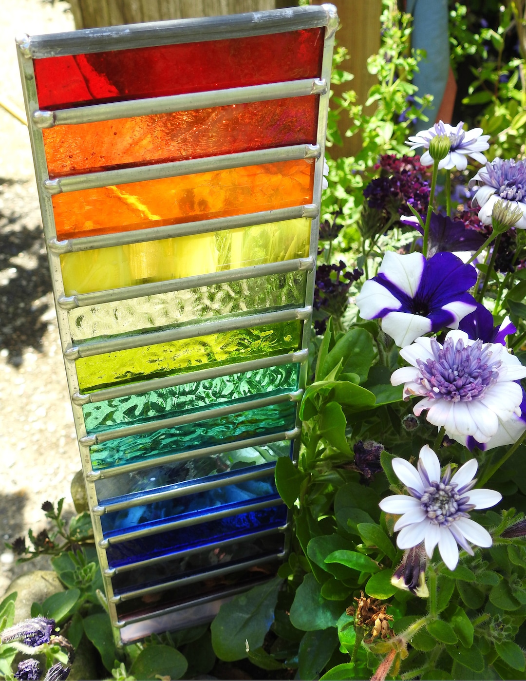 Stained Glass Panel,garden Suncatcher 'rainbow Stripes' Top Quality Mixed Textured Glass,15 High