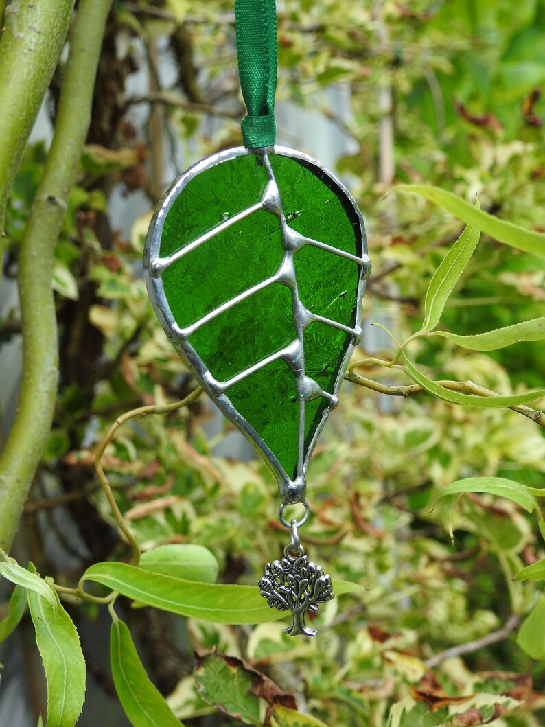 Stained Glass Sun Catcher Leaf With Oak Tree Charmquality Etsy