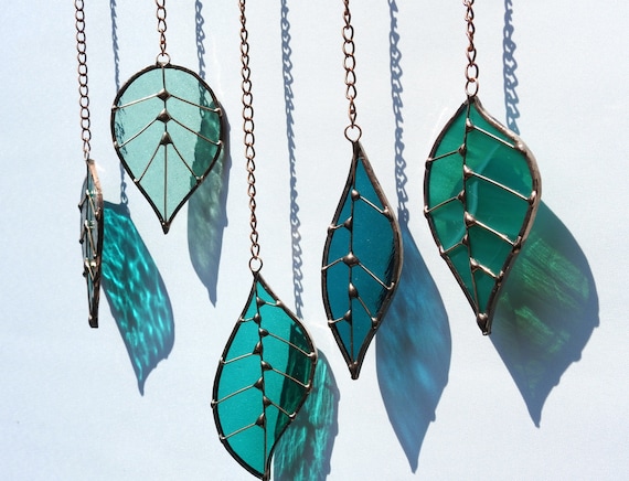 Sun Catcher Glass Leaves &#39;Leaves in Teal&#39; Copper Finish, Hanging Glass Art Mobile. Real Hazel wood. Spring,Birthday Gift 10&quot;x 18&quot;