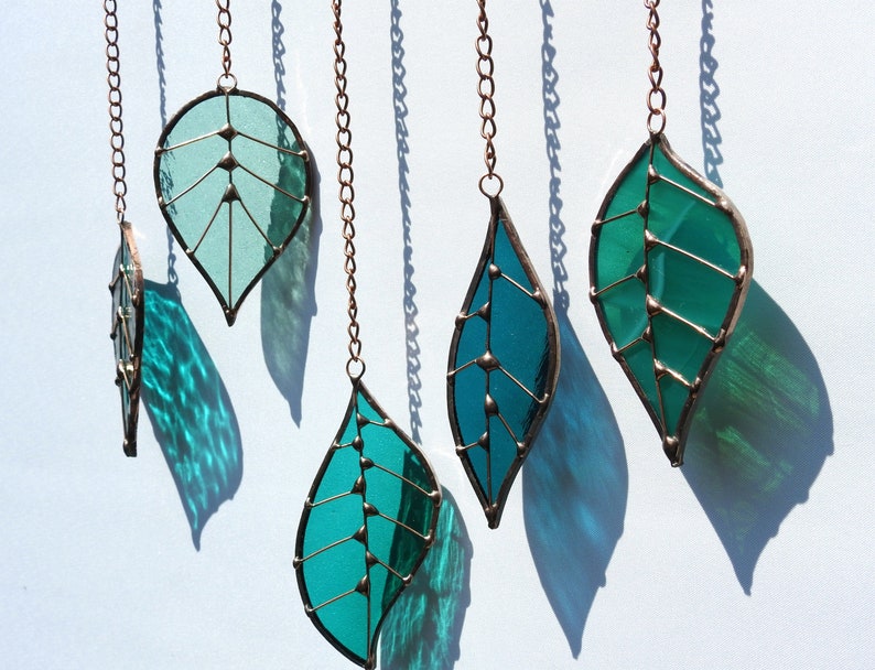 Sun Catcher Glass Leaves 'Leaves in Teal' Copper Finish, Hanging Glass Art Mobile. Real Hazel wood. Spring,Birthday Gift 10'x 18' 