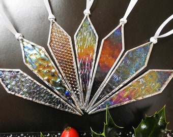 Stained Glass Icicles. Iridescent Clear Glass in various textures. Stocking Filler, Tree Decorations