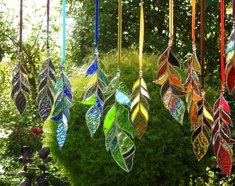 Stained Glass Feather Suncatcher,Any Colour Mix,Bespoke Glass Art,Native American,Tribal,Fantasy,Christmas,Birthday Gift,OOAK,7" to 10"