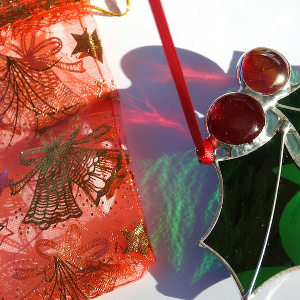 Acchiappasole in vetro colorato a forma di agrifoglio, vetro verde scuro e rosso, foglia singola o doppia, decorazione in vetro per albero di Natale, riempitivo per calze, alta qualità