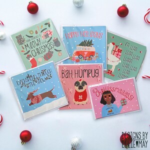 Cartões de Natal, cartões de felicitações multipack, lhama, bah humpug pug, bassê pela neve, cartões de felicitações para gatos e vans de camping