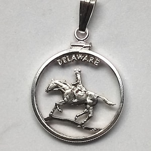 Delaware Quarter Cut Coin Necklace Pendant, Horse Riding