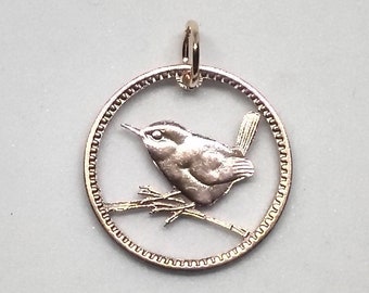 Wren Farthing Cut Coin Necklace Pendant, British Birds and Nature