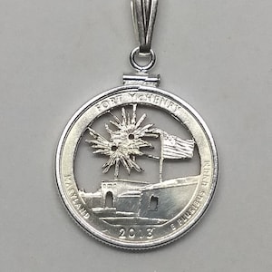 DISCONTINUED: Fort McHenry Quarter Cut Coin Necklace Pendant, Freedom and War, American Flag