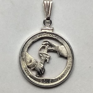 DISCONTINUED: Saratoga Quarter Cut Coin Necklace Pendant, Freedom Sword War America