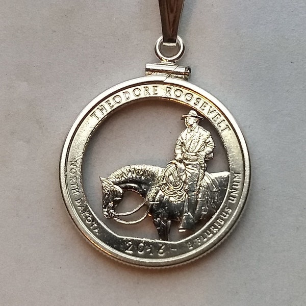 Theodore Roosevelt Quarter Cut Coin Necklace Pendant, Horse President