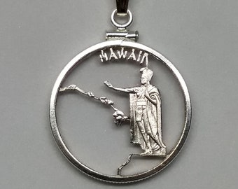 Hawaii Quarter Cut Coin Necklace Pendant, Vacation, Pacific Islands and Palm trees