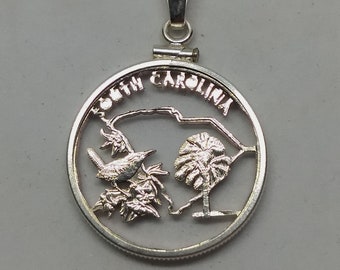 South Carolina Quarter Cut Coin Necklace Pendant, Palm Trees Wren
