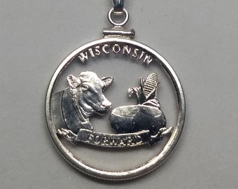 Wisconsin State Quarter Pendant 7/8"dia. # 2030 Hand Cut Wisconsin Coin 