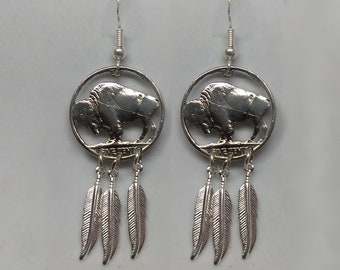 Buffalo Nickel Cut Coin Earrings with feathers