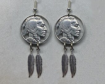 Indian Head Nickel Cut Coin Earrings with Feathers, Buffalo, South Western