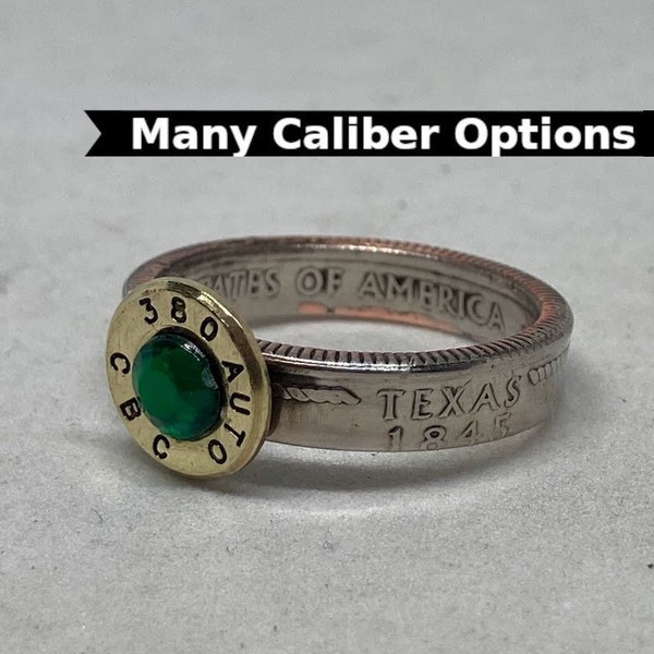 MANY CALIBERS: Coin Ring with Bullet Casing and Gem