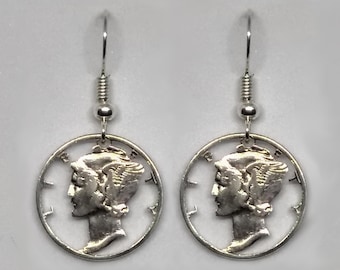 Mercury Dime Cut Coin Earrings, American Liberty