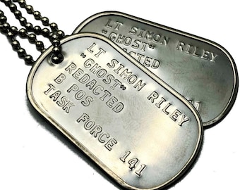 LT Simon Riley Ghost Military Dog Tags Stainless Steel, Prop Cosplay Costume Replica with Chains